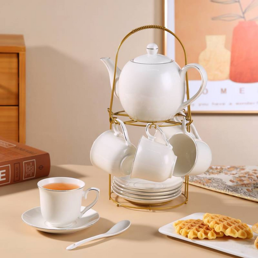 19-piece tea set in pure white and gold, complete with stand.