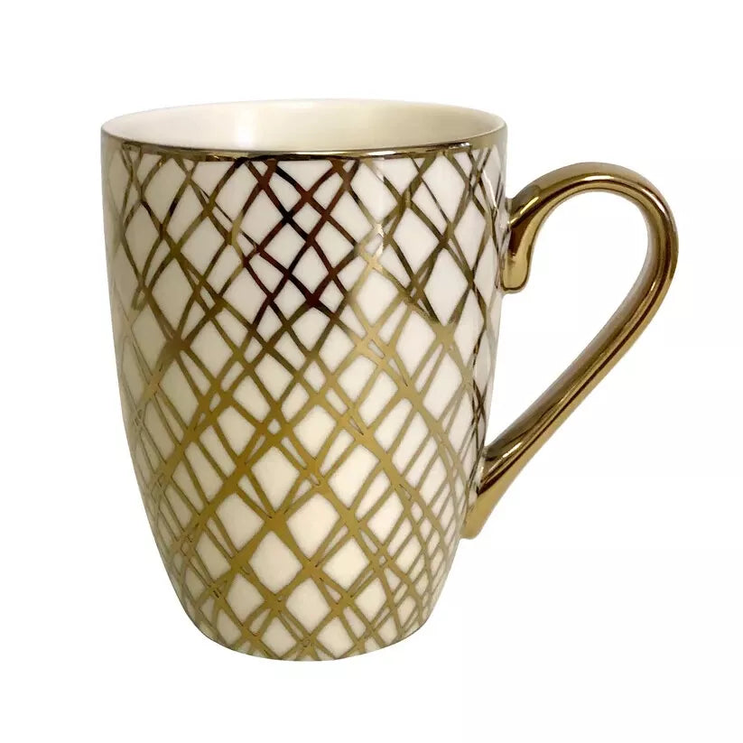 Set of 6 Matrix Gold Plated White mugs Tapered Mugs, Ceramic Coffee Cups Set, , Assorted Design 300ML