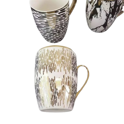 Set of 6 Matrix Gold Plated White mugs Tapered Mugs, Ceramic Coffee Cups Set, , Assorted Design 300ML