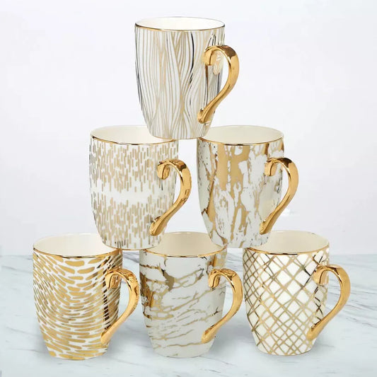 Set of 6 Matrix Gold Plated White mugs Tapered Mugs, Ceramic Coffee Cups Set, , Assorted Design 300ML