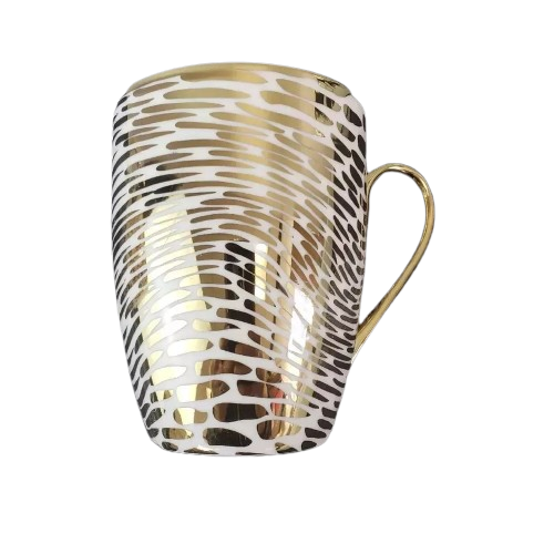 Set of 6 Matrix Gold Plated White mugs Tapered Mugs, Ceramic Coffee Cups Set, , Assorted Design 300ML