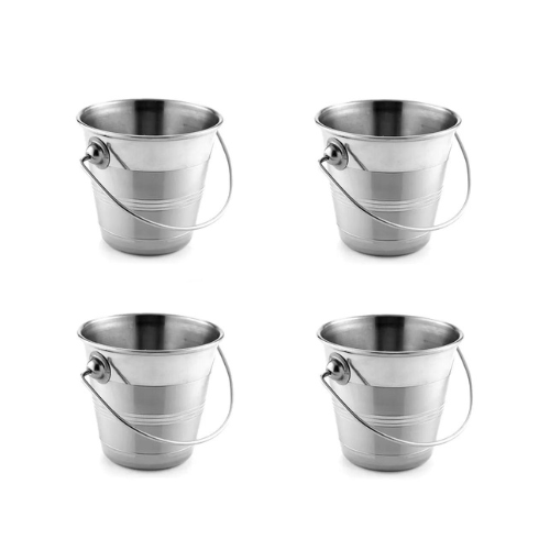 Set of 4 Steel ICE Serving Bucket Handle Chip Fries Buckets Kitchen Cook, 12X12 CM