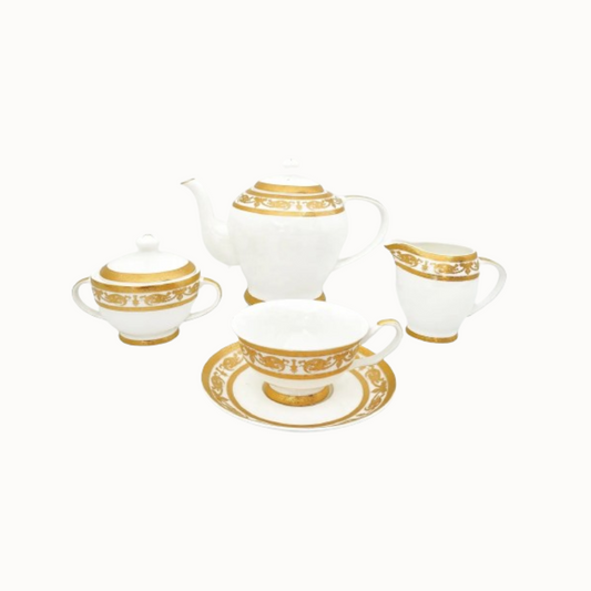 Tea cups and saucers made of new bone china with gold trim. Twelve Pieces for Six People.