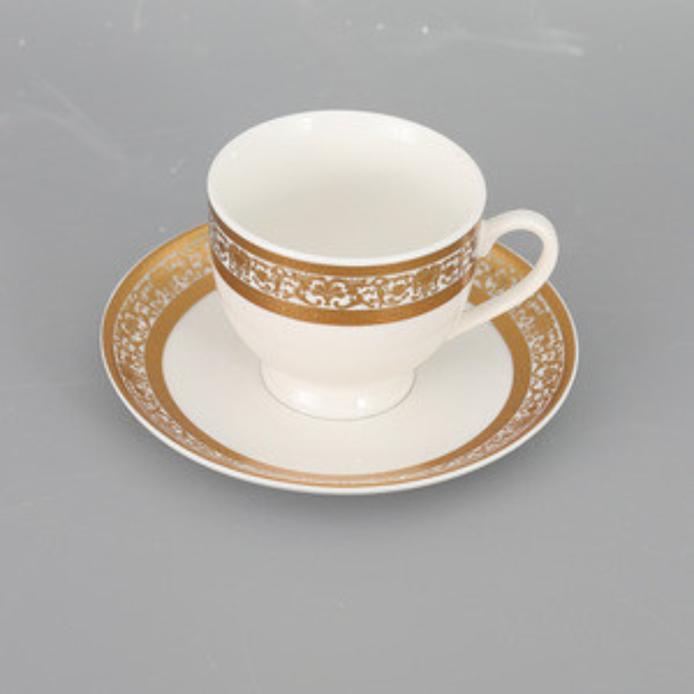 Tea cups and saucers made of new bone china with gold trim. Twelve Pieces for Six People.