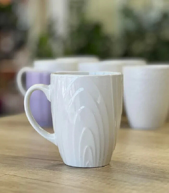 6 Designer's White Ceramic Coffee Mugs Large Tea Drinks Hot Drinking Cup 400ml.
