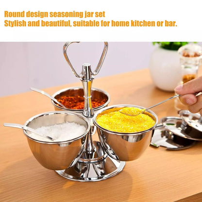 3 Bowls Revolving Relish Server with Lids & Spoons Condiment Sauce Chutney Kitchen Seasoning