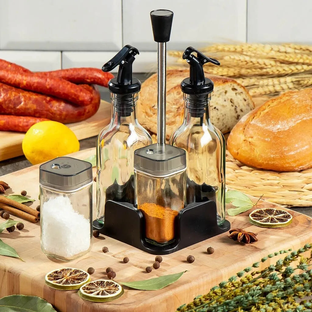 5 Pcs Olive Oil & Vinegar Bottle Dispenser Combination Kit with stand, Condiment Cruet Set