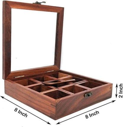 Square wooden 9 compartments spice box Hand Carved Solid Wood Spice Box with spoon/Masala Dabba Set for Kitchen