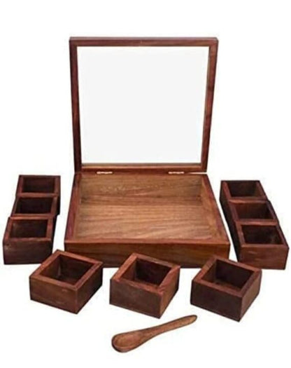 Square wooden 9 compartments spice box Hand Carved Solid Wood Spice Box with spoon/Masala Dabba Set for Kitchen