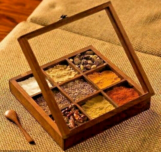 Square wooden 9 compartments spice box Hand Carved Solid Wood Spice Box with spoon/Masala Dabba Set for Kitchen