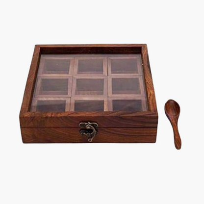 Square wooden 9 compartments spice box Hand Carved Solid Wood Spice Box with spoon/Masala Dabba Set for Kitchen