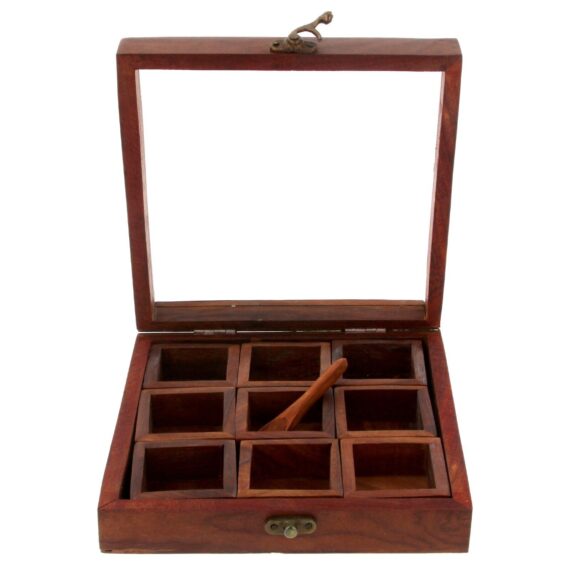 Square wooden 9 compartments spice box Hand Carved Solid Wood Spice Box with spoon/Masala Dabba Set for Kitchen