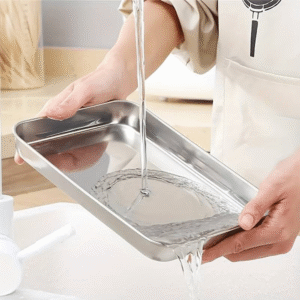 Rectangular deep stainless steel baking and storage tray