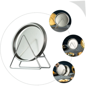Set of 6 round stainless steel dinner plates with holder rack
