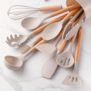6 piece silicone kitchen utensil set with wooden handles