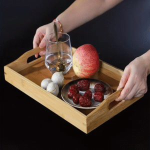 2 rectangular wooden serving trays with handles, 35 cm