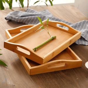 2 rectangular wooden serving trays with handles, 35 cm