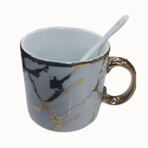 Ceramic coffee mugs with spoons marbled matte set of 6