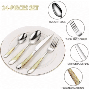 24 piece gilded cutlery set with gold holder rack