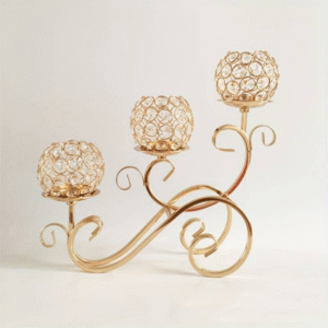 3 arm gold crystal scroll candelabra with hanging crystals