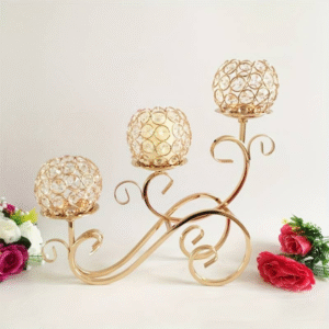 3 arm gold crystal scroll candelabra with hanging crystals