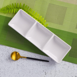 White 3 compartment square ceramic dipping bowl