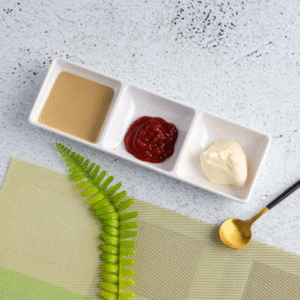 White 3 compartment square ceramic dipping bowl