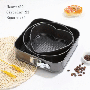3 piece non-stick cake pan set in round, heart and square shapes