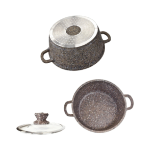 Diecast aluminium stockpot set in brown with glass lids