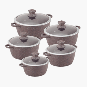 Diecast aluminium stockpot set in brown with glass lids