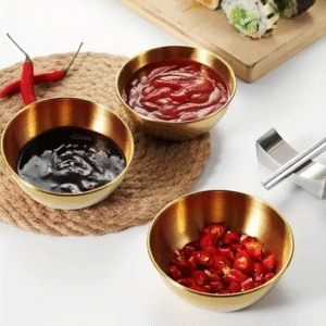 6 small stainless steel sauce dishes in silver and gold