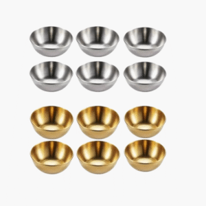 6 small stainless steel sauce dishes in silver and gold