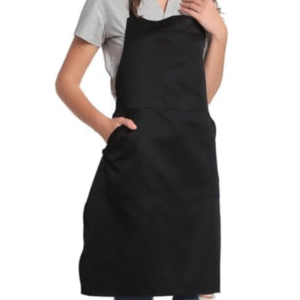 Black adjustable unisex bib apron with two front pockets