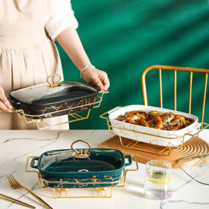 Set of 2 rectangular marble finish ceramic chafing dishes