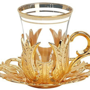 Vintage glass tea set of 6 cups with golden saucers