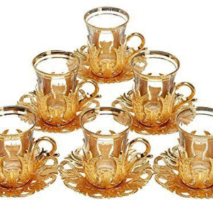 Vintage glass tea set of 6 cups with golden saucers