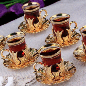 Vintage glass tea set of 6 cups with golden saucers