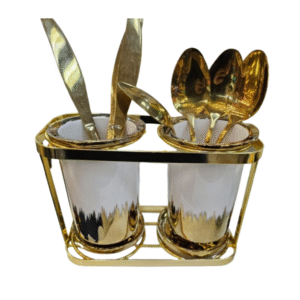 Two cup kitchen utensil holder with golden metal frame