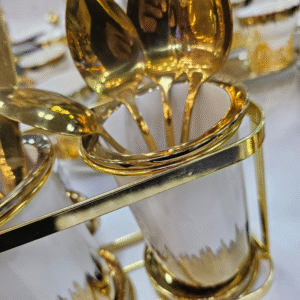 Two cup kitchen utensil holder with golden metal frame