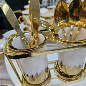 Two cup kitchen utensil holder with golden metal frame