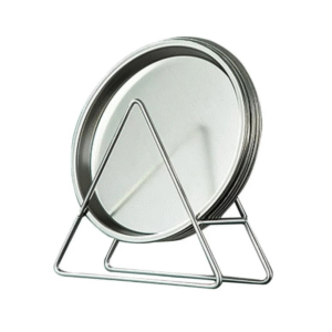 Set of 6 round stainless steel dinner plates with holder rack