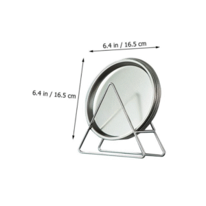 Set of 6 round stainless steel dinner plates with holder rack