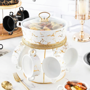 Ceramic soup bowl set with lid spoons and metal rack
