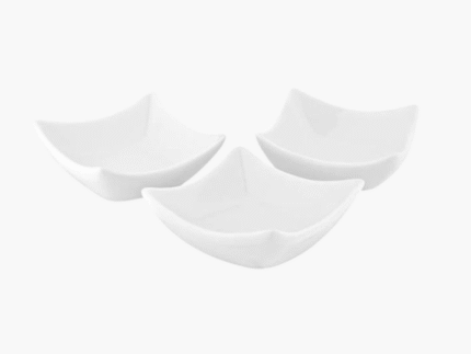 Three-piece set of square white melamine bowl/dishes for dipping sauce.
