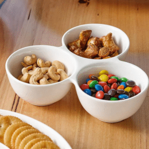 White 3 dip round porcelain serving bowl for sauces