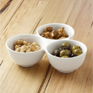 White 3 dip round porcelain serving bowl for sauces