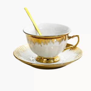 White and gold tea set of 6 ceramic cups with saucers