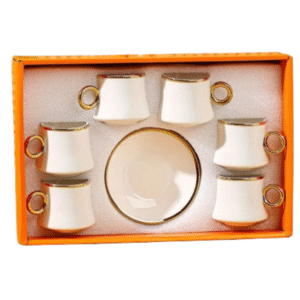Six white and gold ceramic tea cups and saucers in a gift box