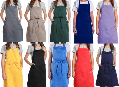 Black adjustable unisex bib apron with two front pockets