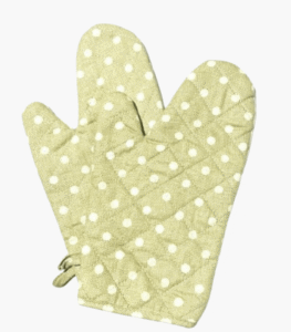 Beige polka oven mitts with quilted cotton lining